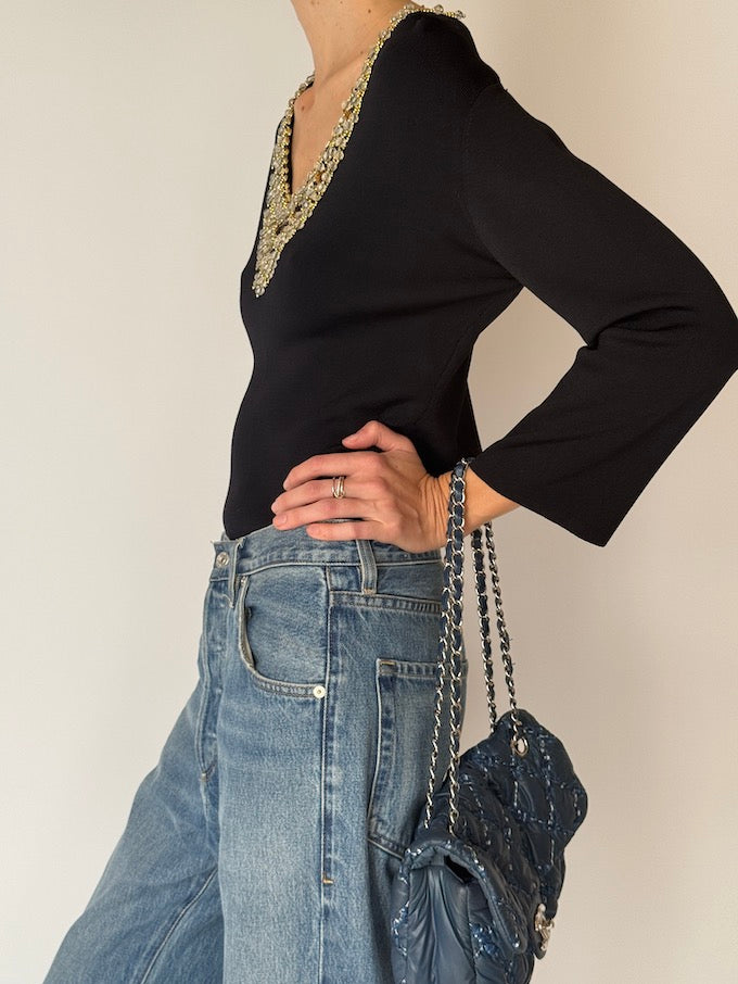 Vintage Black Embellished Knit Top 6655