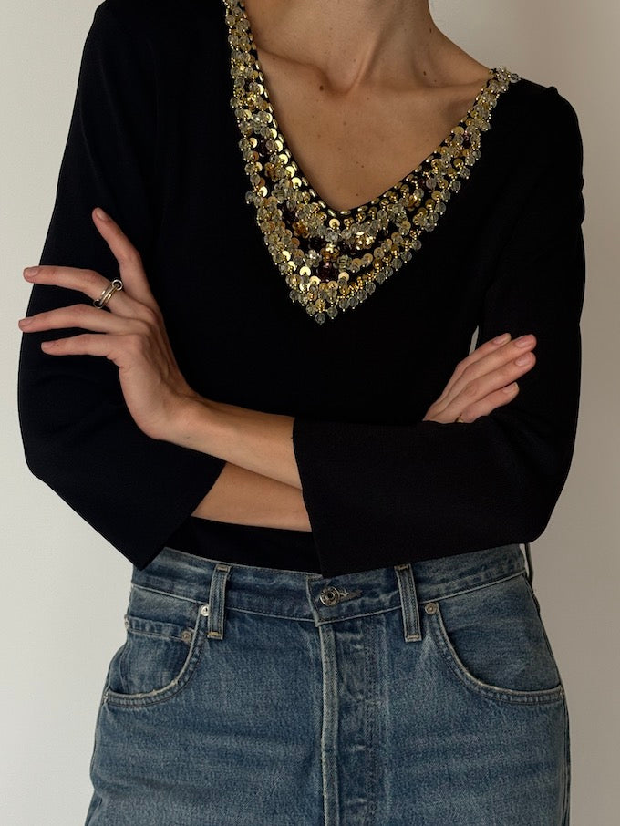 Vintage Black Embellished Knit Top 6655