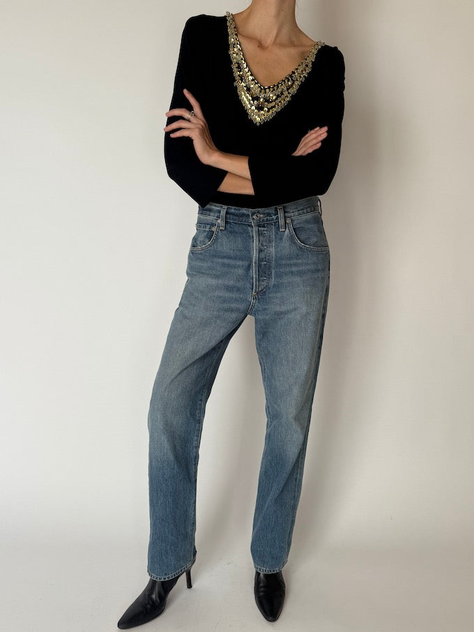 Vintage Black Embellished Knit Top 6655