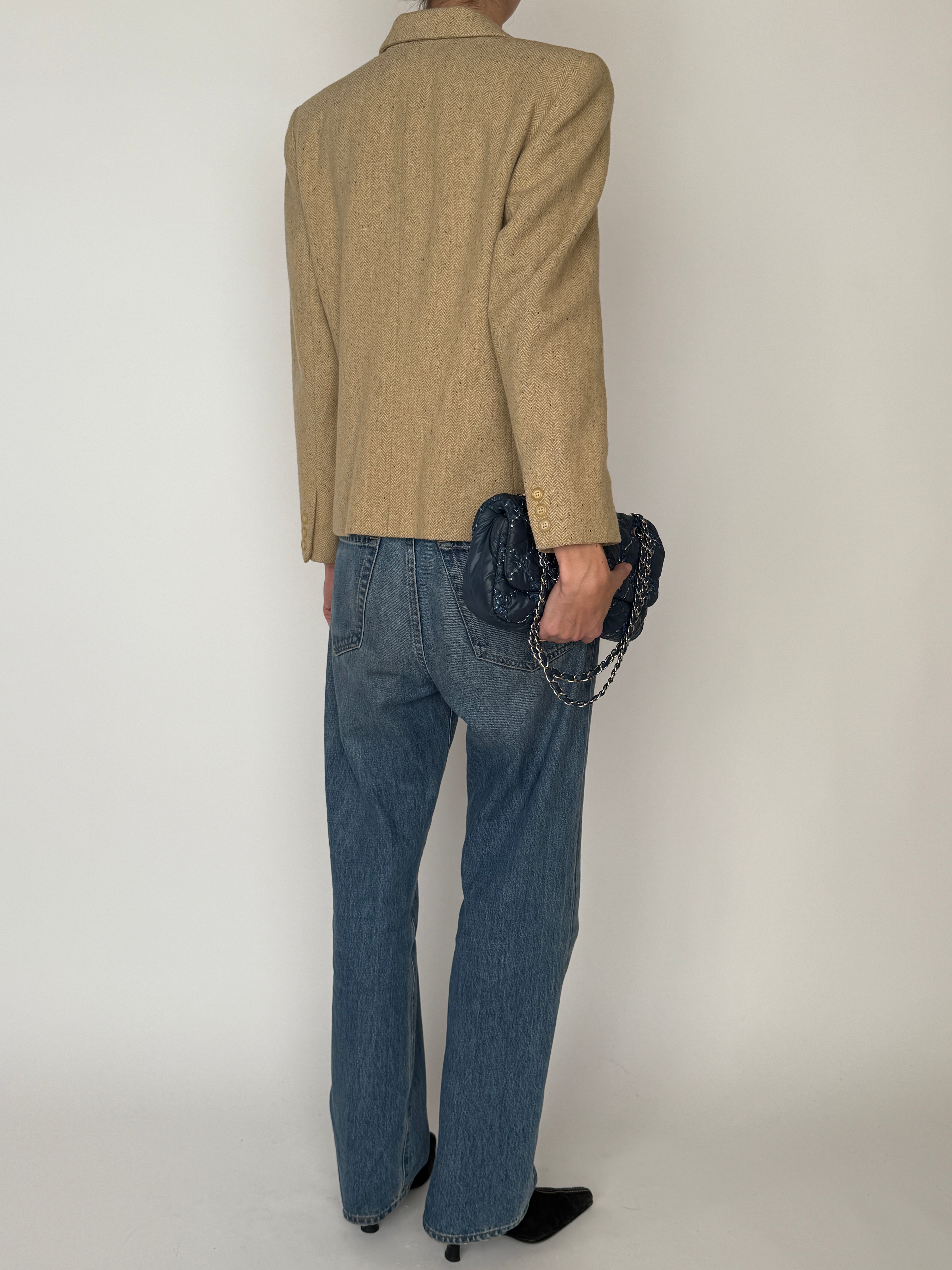 Vintage beige lambswool herringbone blazer back view