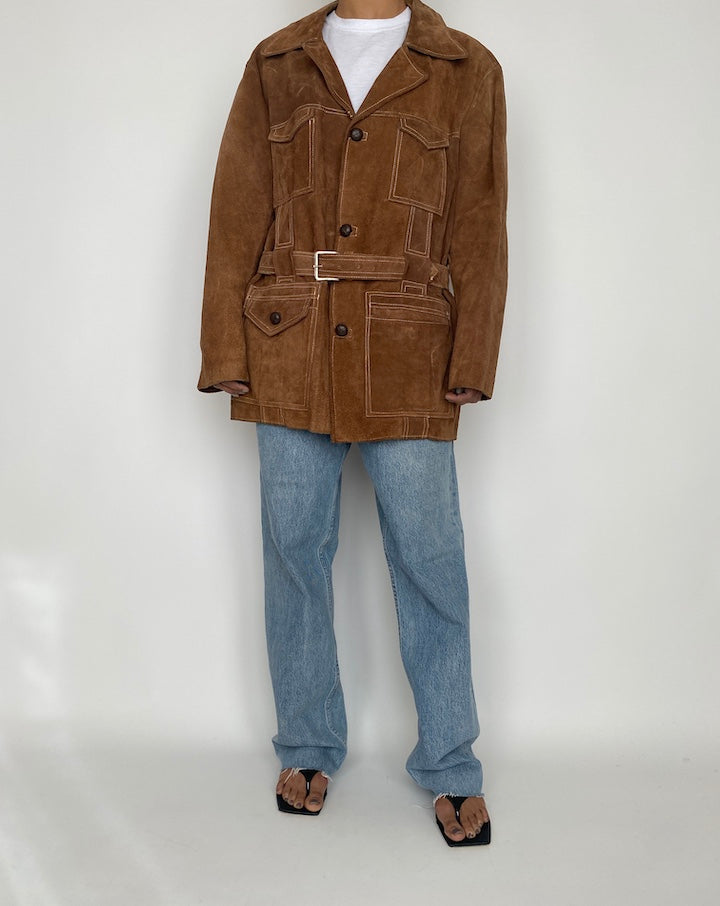 VINTAGE BROWN SUEDE LEATHER JACKET WITH WAIST BELT 2443