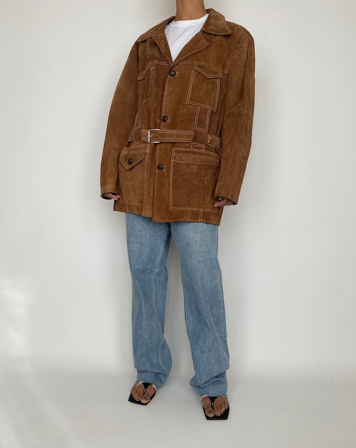 VINTAGE BROWN SUEDE LEATHER JACKET WITH WAIST BELT 2443