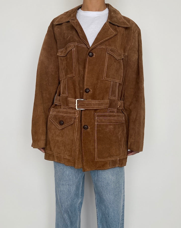 VINTAGE BROWN SUEDE LEATHER JACKET WITH WAIST BELT 2443