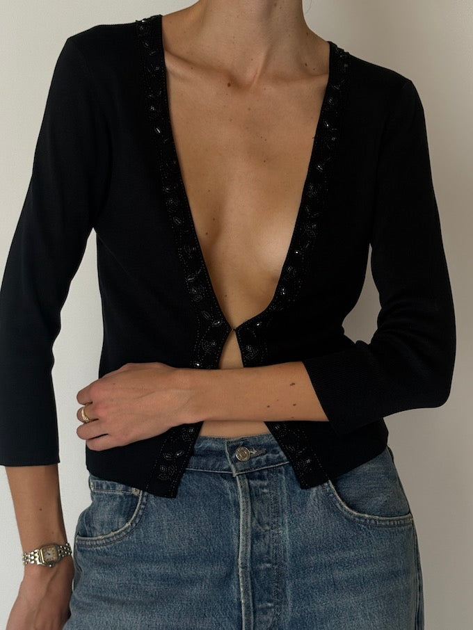 Vintage Deep V Beaded Cardigan Black 6656
