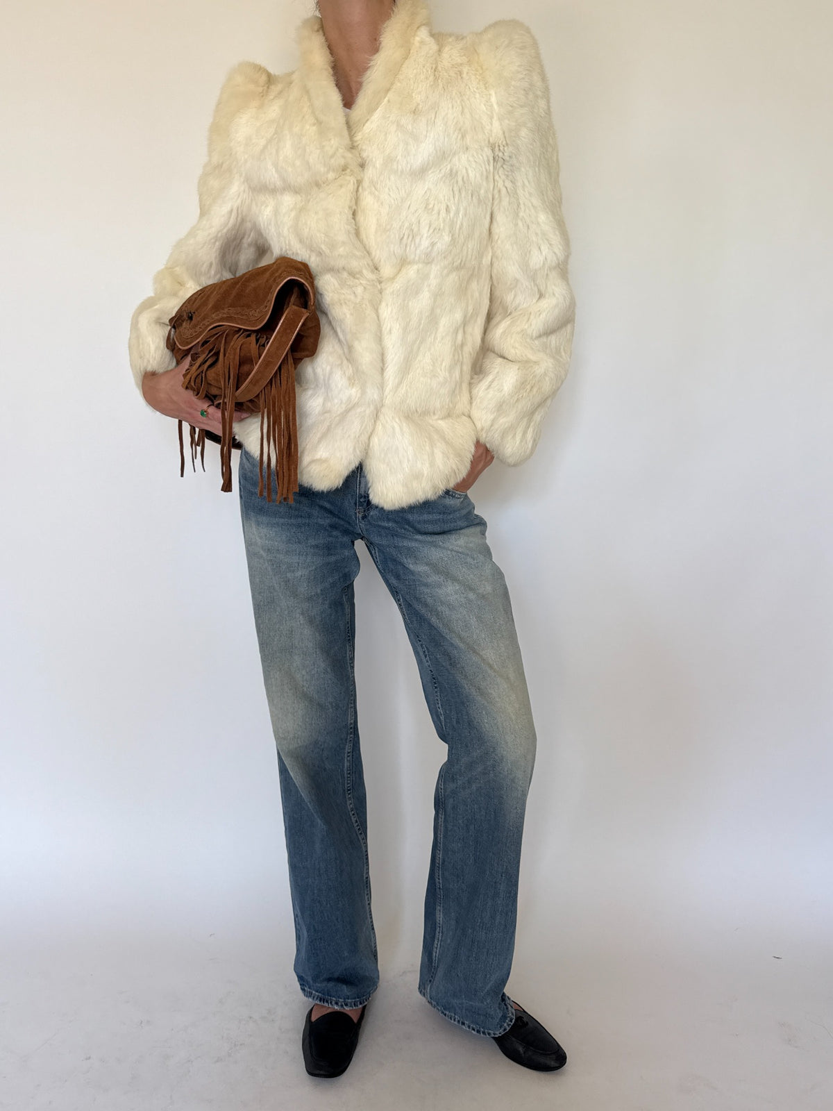 Vintage ivory real fur jacket side view