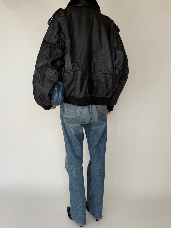 Vintage Oversized Leather Jacket In Black 5424