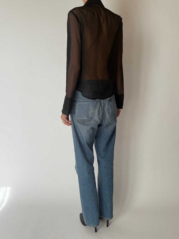 Vintage Sheer Black Button-Up Blouse 6658