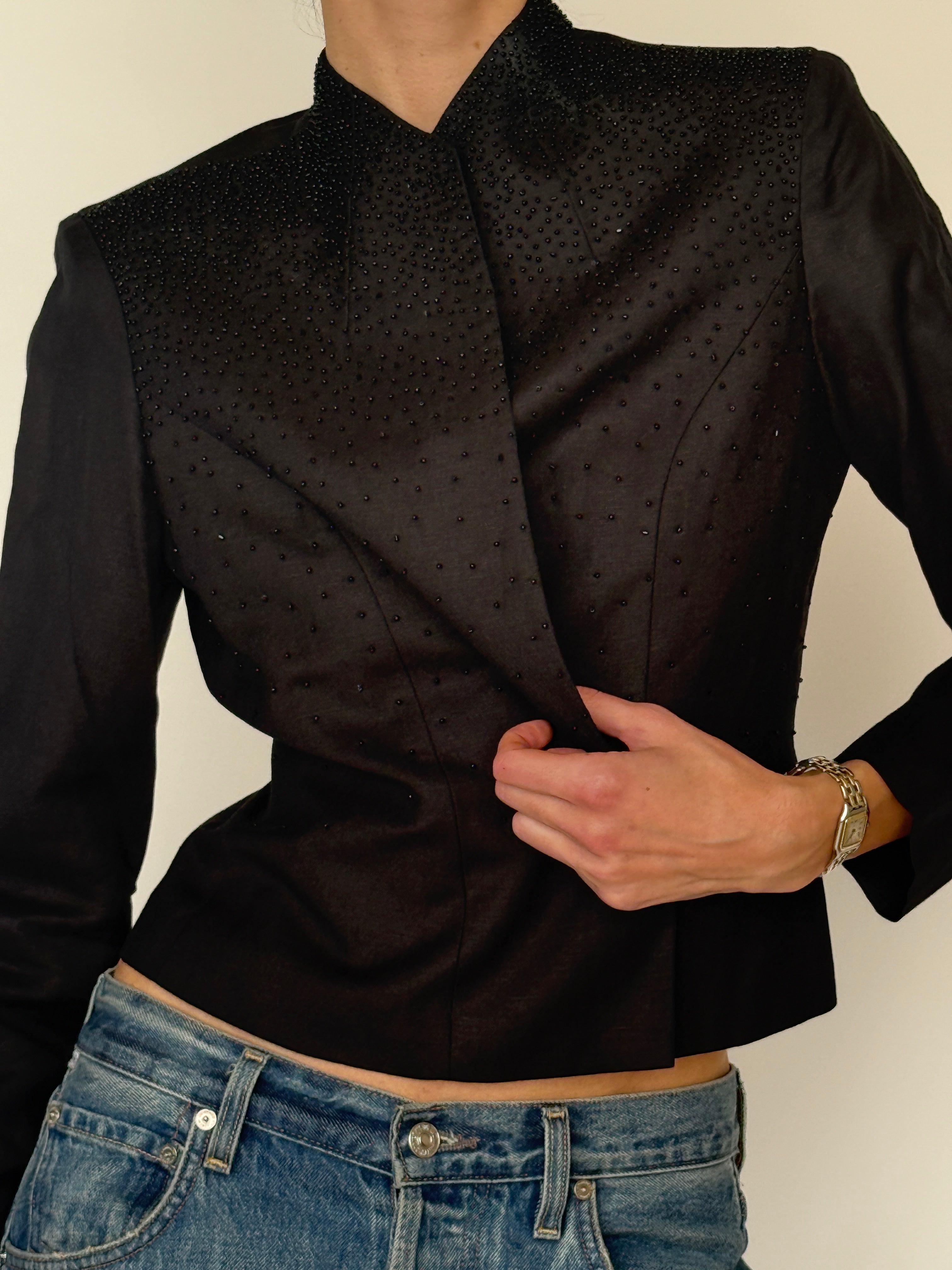 Vintage black beaded linen blend jacket neckline detail collarless front