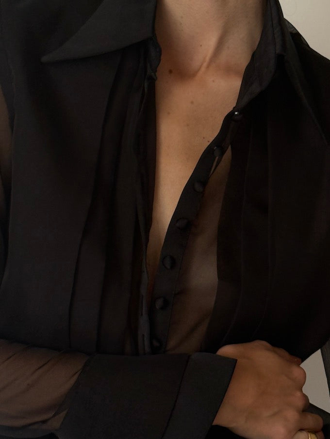 Vintage Sheer Black Button-Up Blouse 6658