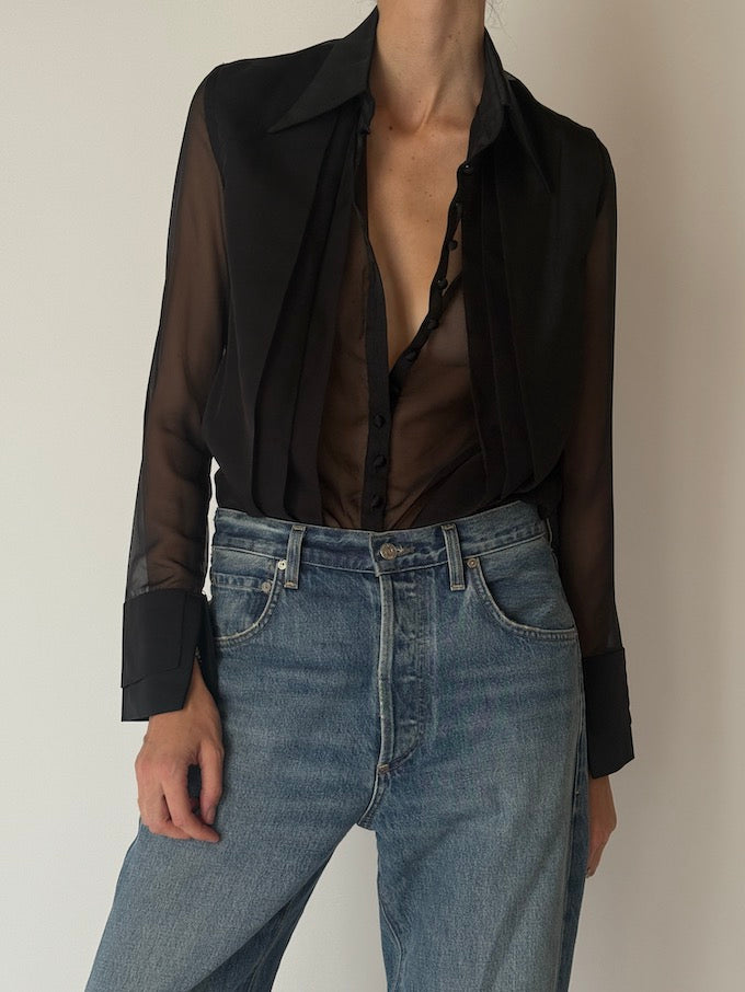 Vintage Sheer Black Button-Up Blouse 6658