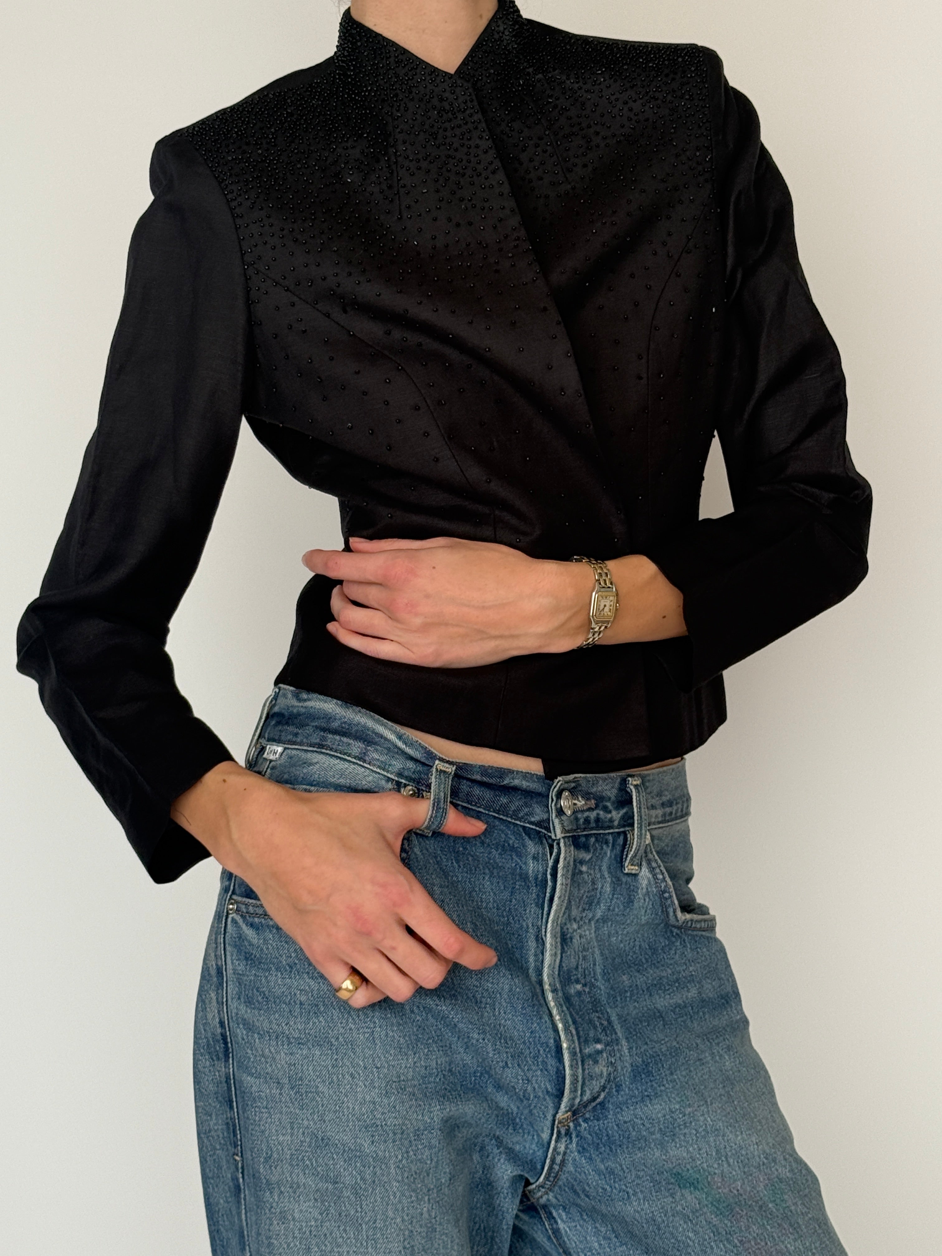 Vintage black beaded linen blend jacket side view tailored shape