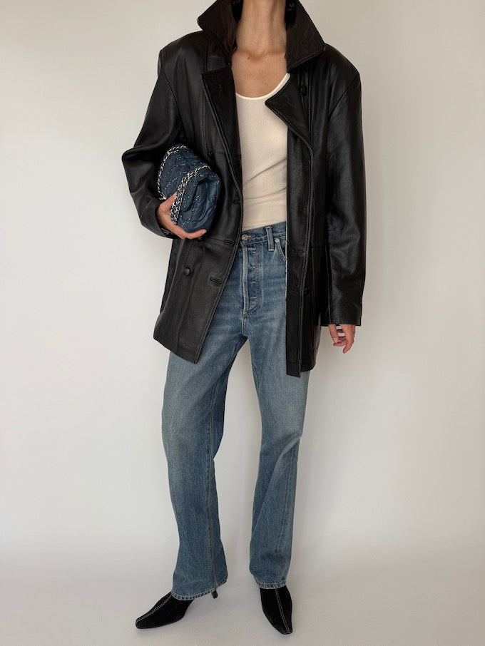 Vintage Double-Breasted Leather Jacket Black 5725