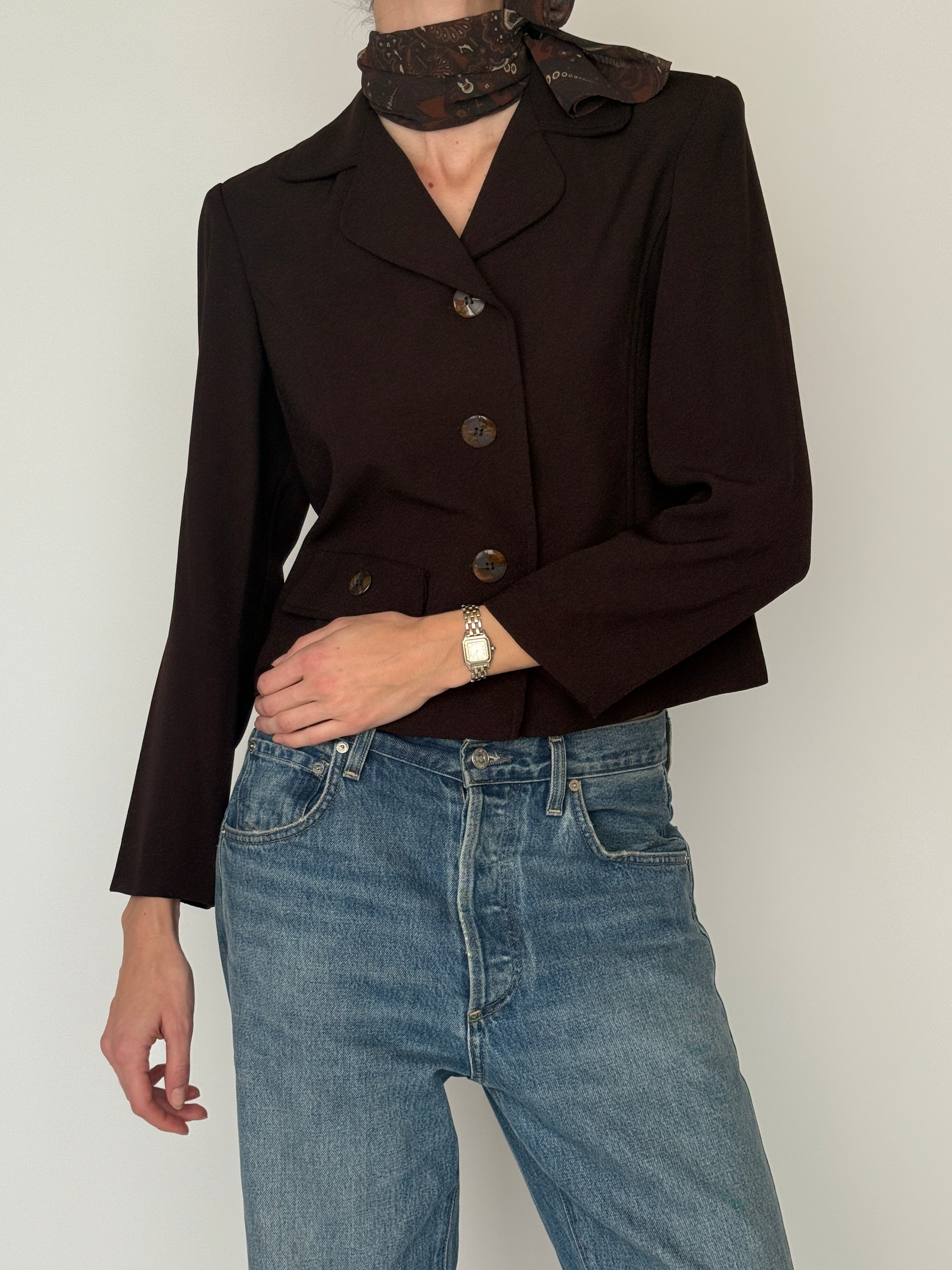 Vintage Cropped Blazer With Attached Scarf Dark Brown
