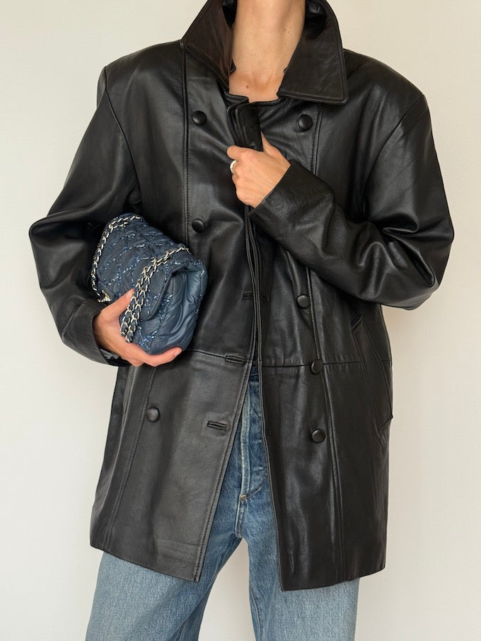 Vintage Double-Breasted Leather Jacket Black 5725