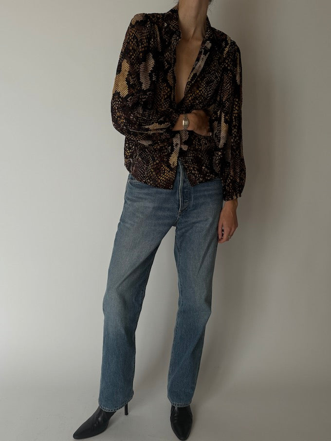 Vintage Snakeskin Print Blouse Brown & Beige 6659