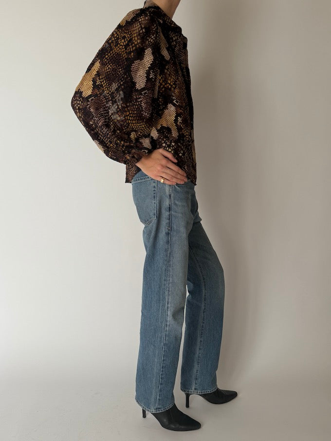 Vintage Snakeskin Print Blouse Brown & Beige 6659