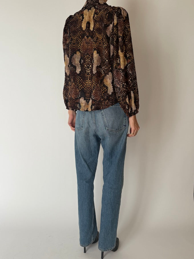 Vintage Snakeskin Print Blouse Brown & Beige 6659