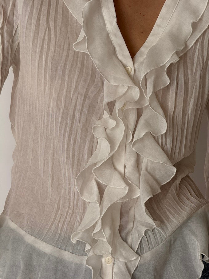Vintage Ruffled Sheer Blouse Ivory 6660