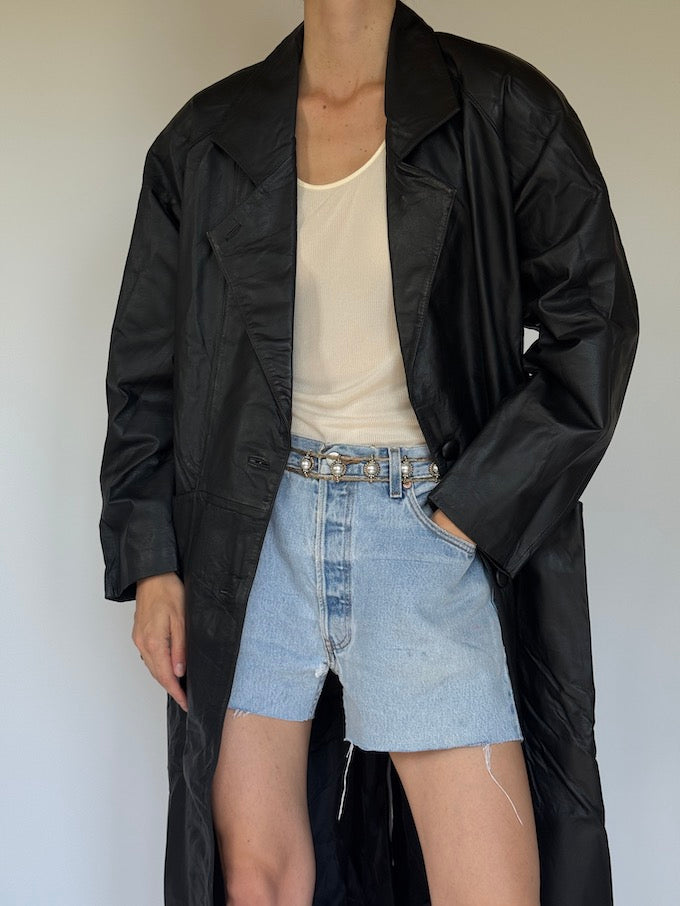 Vintage Long Leather Jacket Black 6349