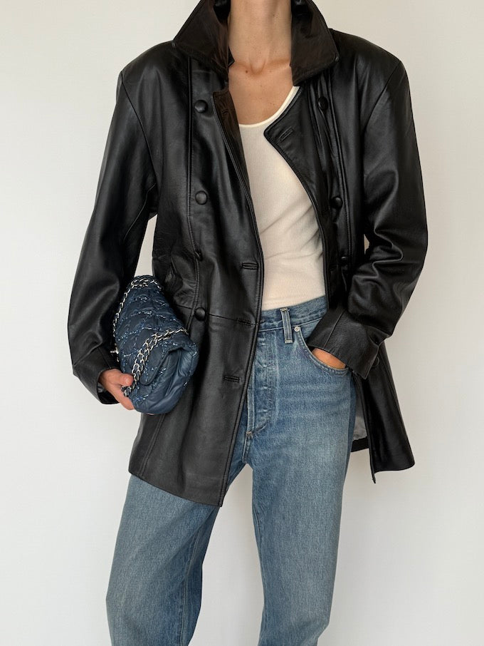 Vintage Double-Breasted Leather Jacket Black 5725