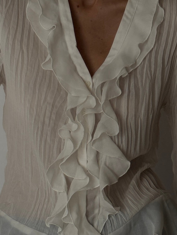 Vintage Ruffled Sheer Blouse Ivory 6660