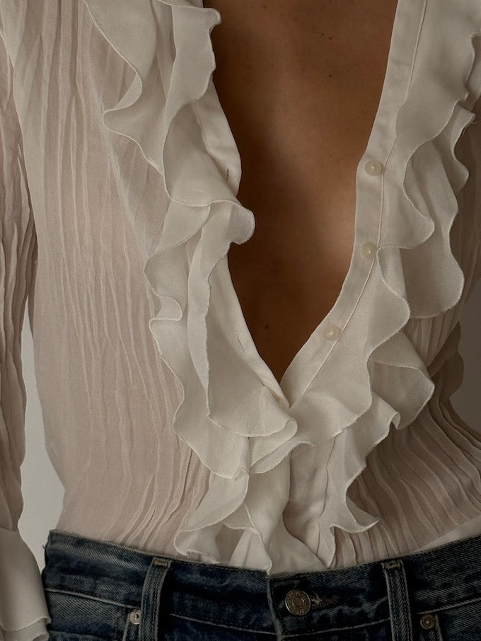 Vintage Ruffled Sheer Blouse Ivory 6660