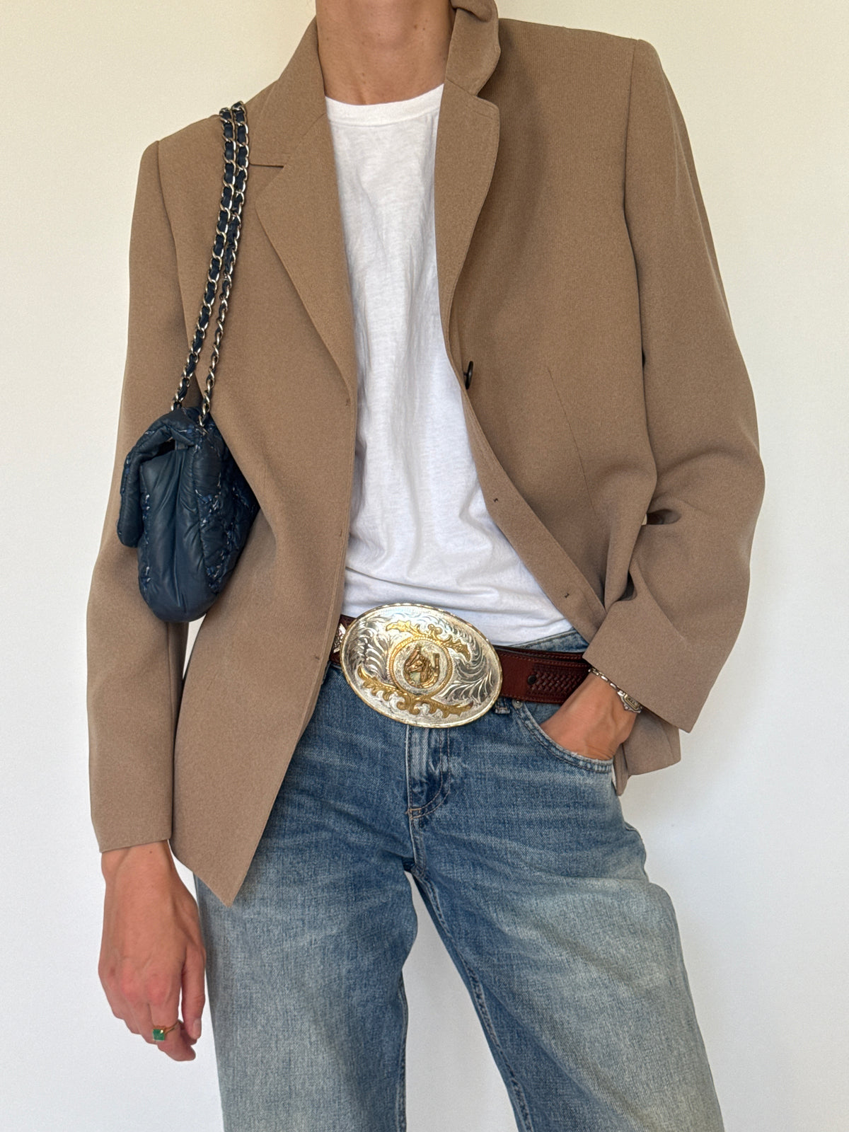 Vintage camel blazer fabric close-up