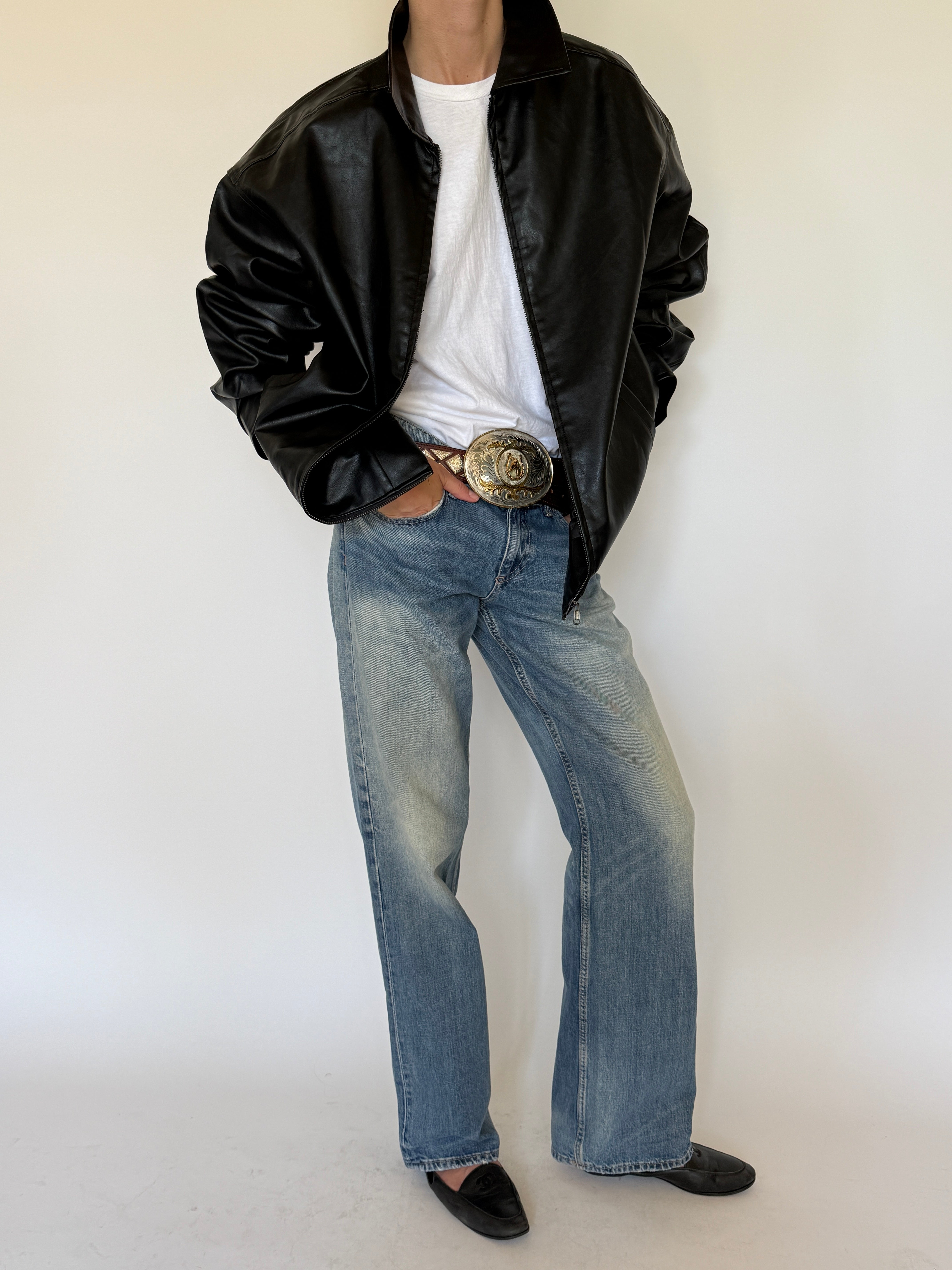 Vintage Faux Leather Zip Jacket Black 7491