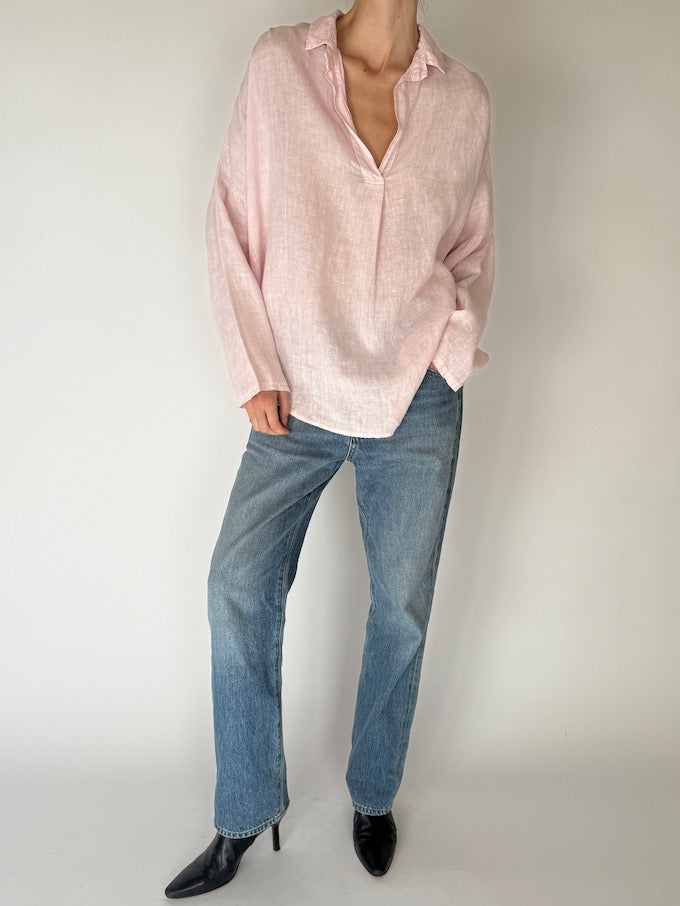 Vintage Linen Oversized Popover Shirt in Soft Pink 6663