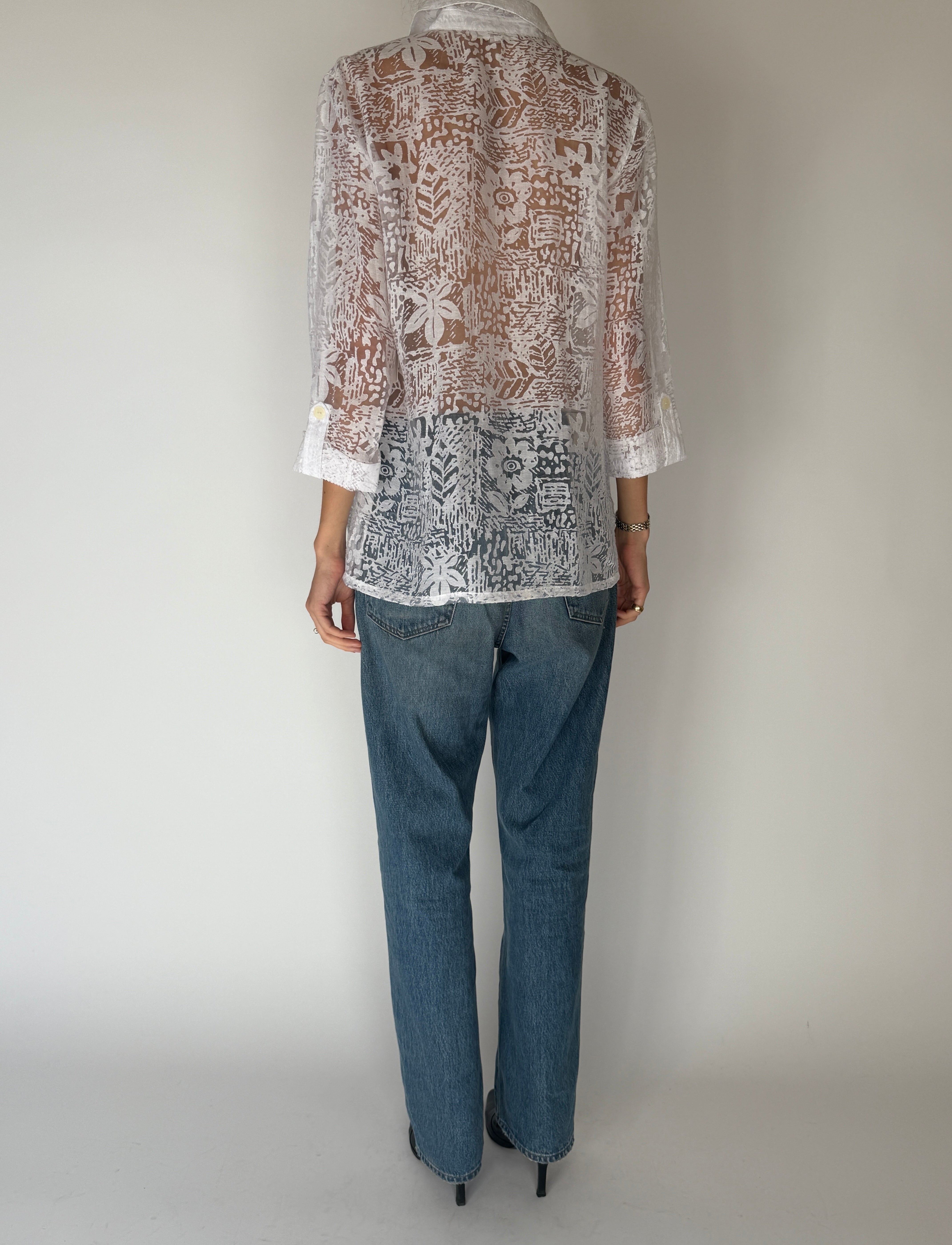 Sheer White Textured Floral Blouse 6664