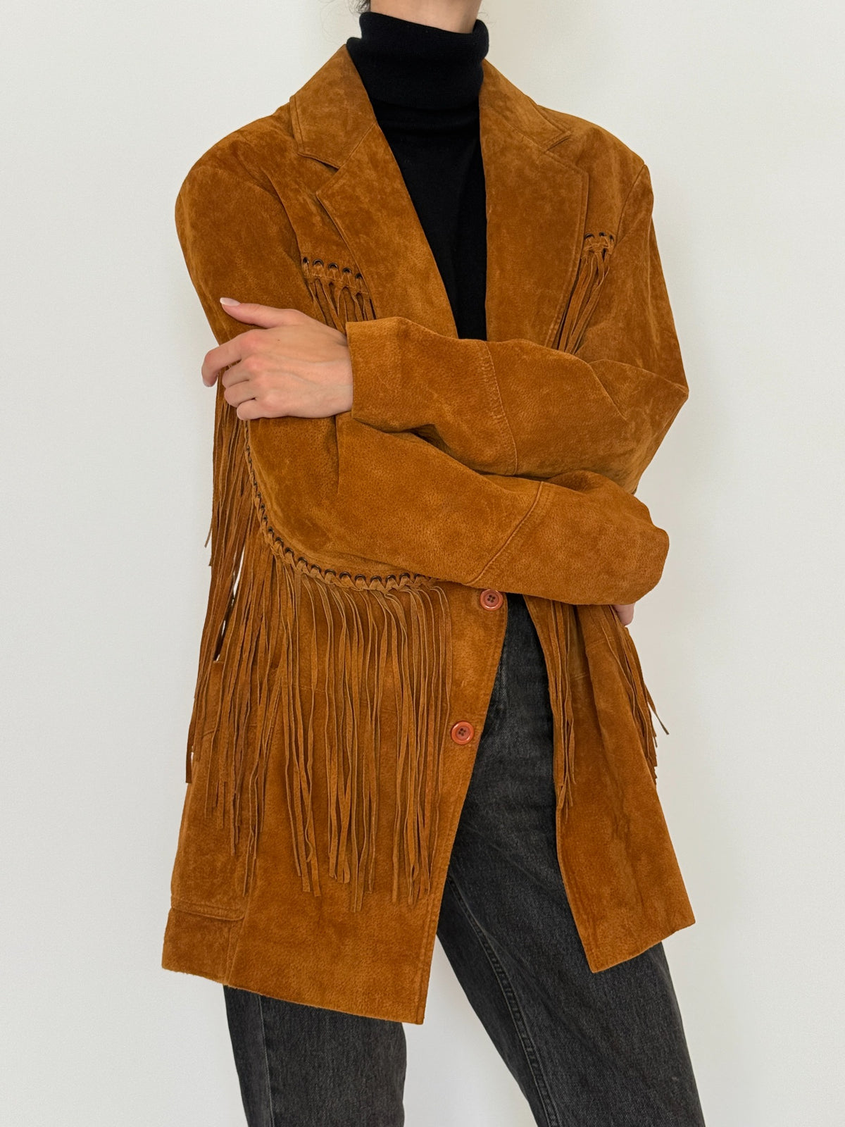Vintage cognac suede fringe blazer