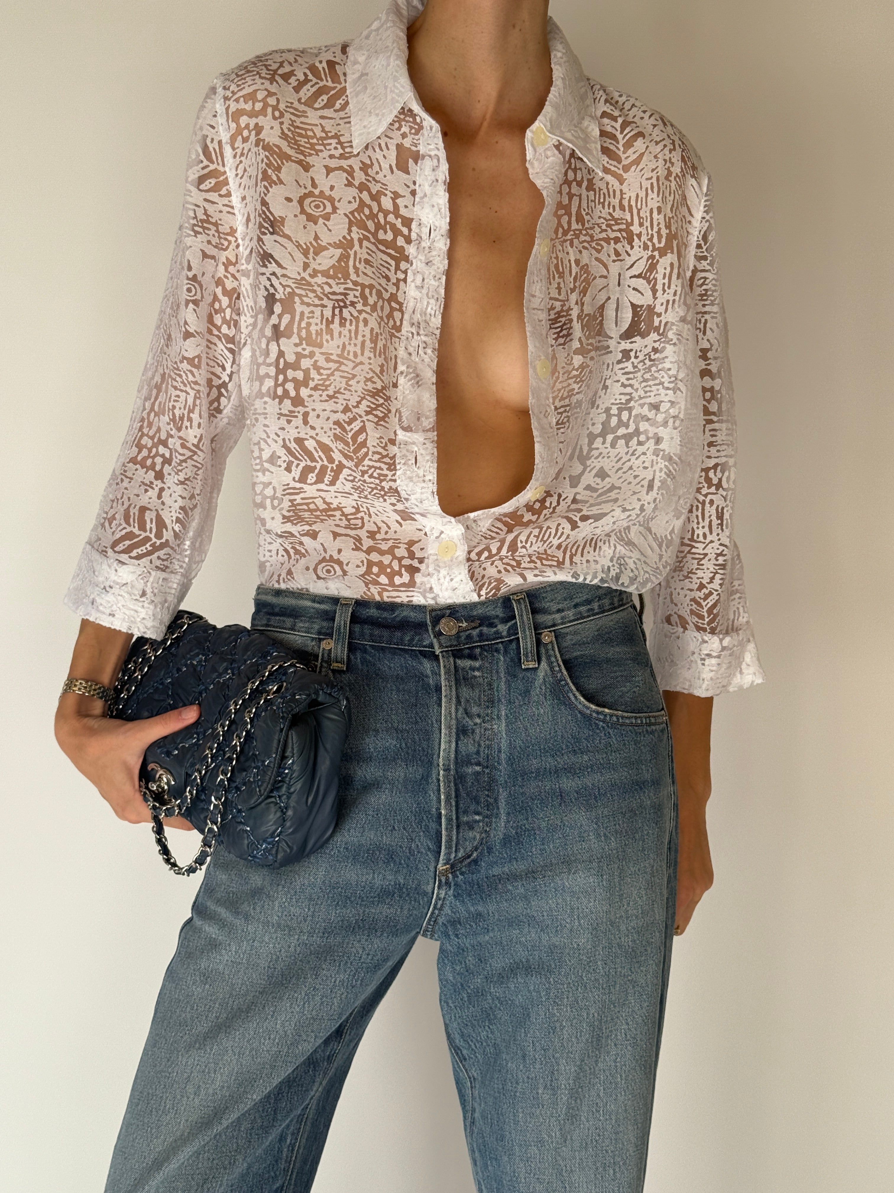 Sheer White Textured Floral Blouse 6664