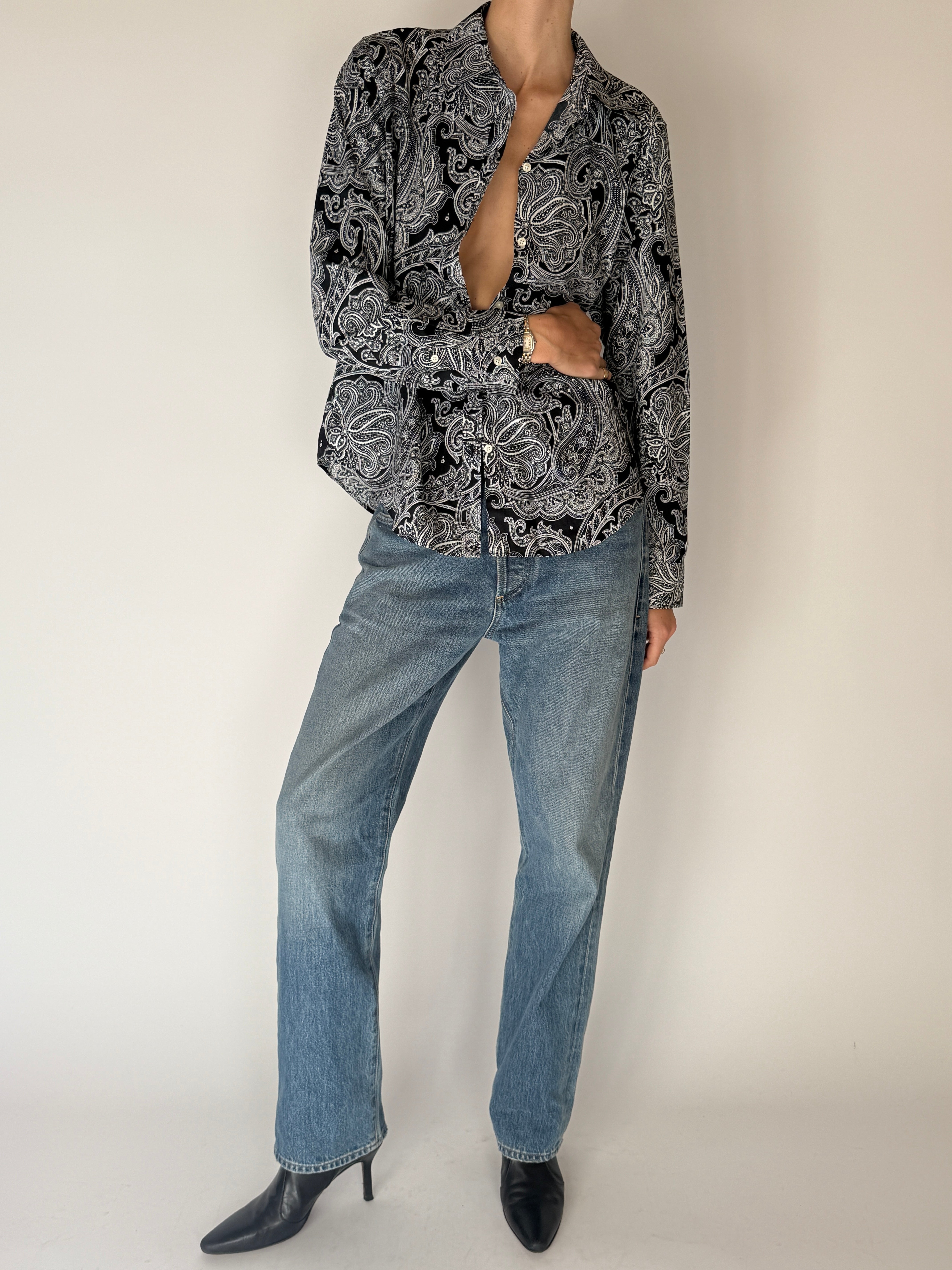 Vintage Ralph Lauren Paisley Button-Down Shirt Black & White 6665