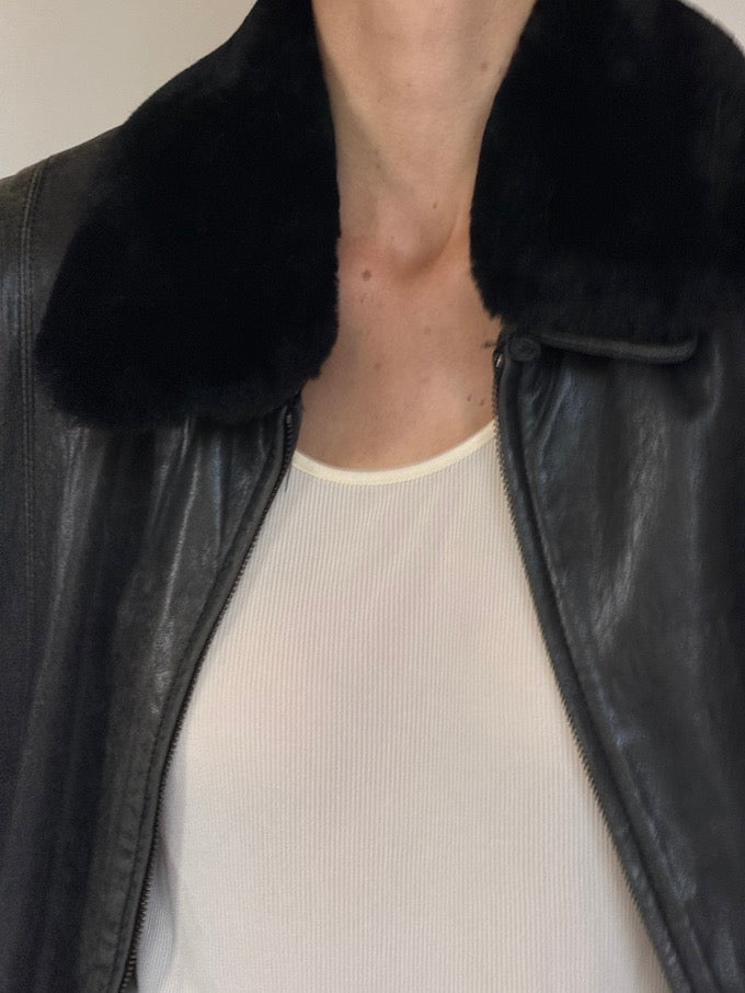 Vintage leather trench jacket with removable faux collar 6354
