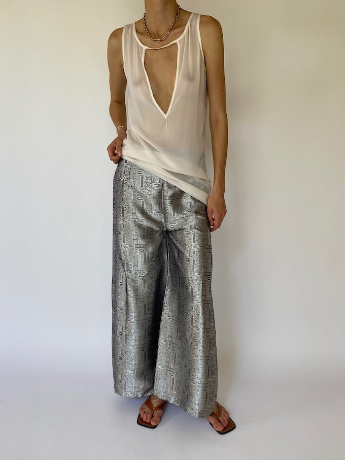 Vintage brocade Waist-Tie Wrap Pants silver metallic 4804