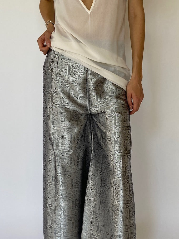 Vintage brocade Waist-Tie Wrap Pants silver metallic 4804