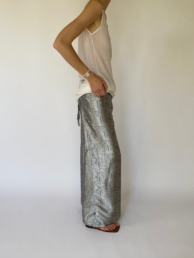 Vintage brocade Waist-Tie Wrap Pants silver metallic 4804