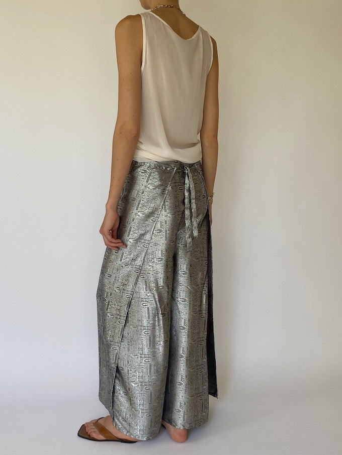 Vintage brocade Waist-Tie Wrap Pants silver metallic 4804
