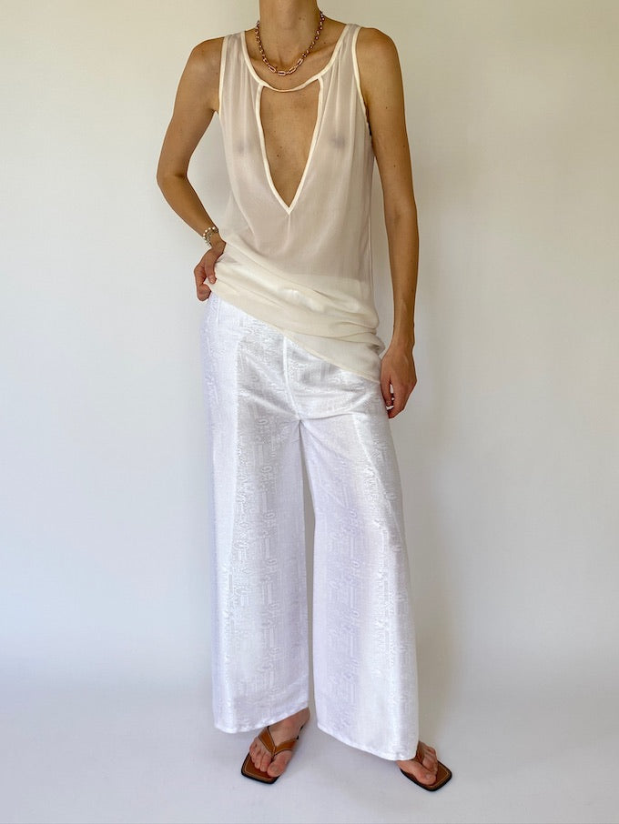 Vintage brocade Waist-Tie Wrap Pants white 4805