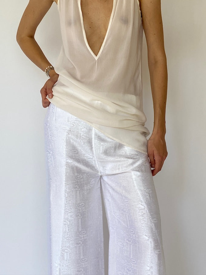 Vintage brocade Waist-Tie Wrap Pants white 4805