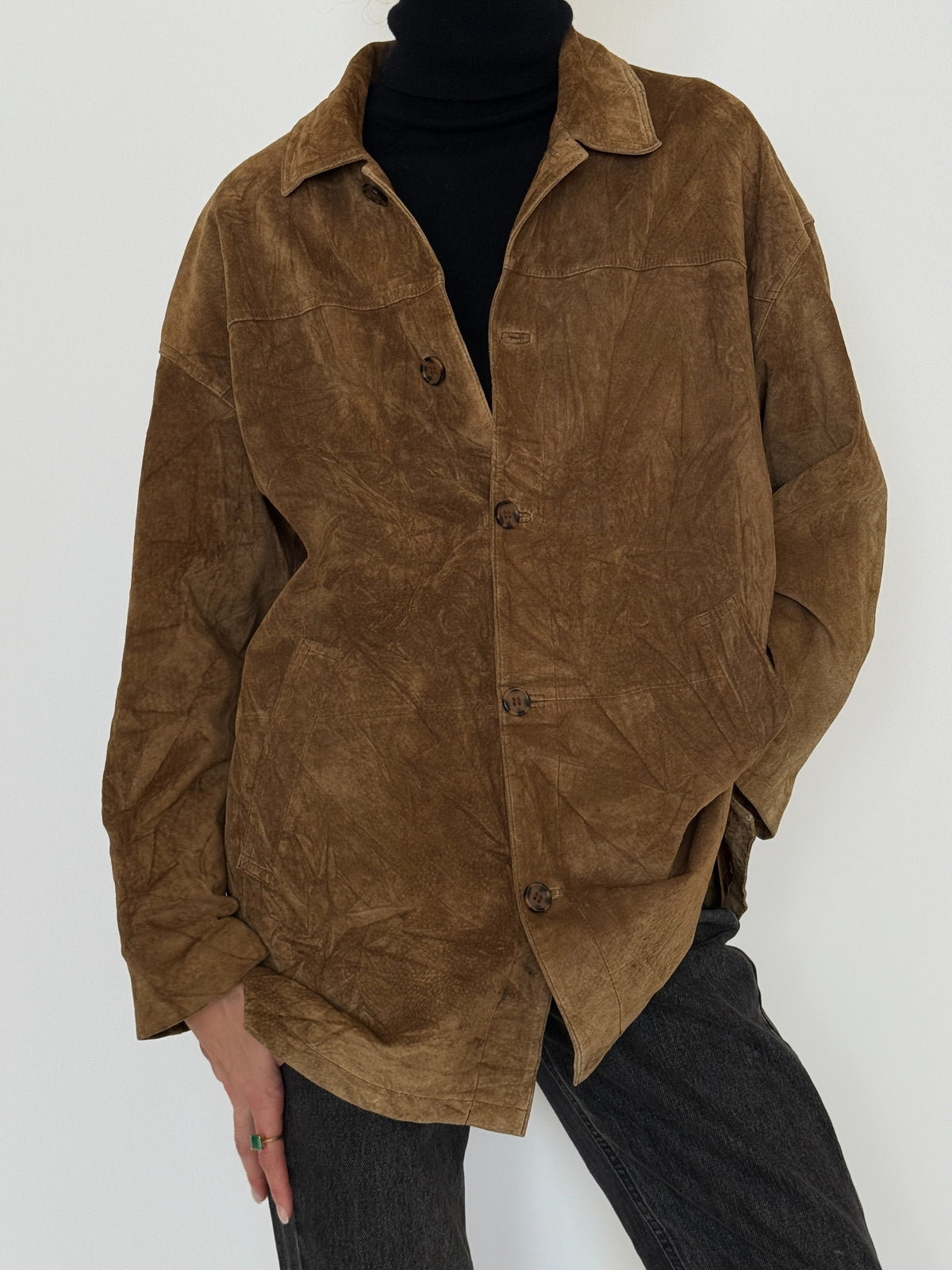 Vintage brown suede leather shirt jacket, front back and detail