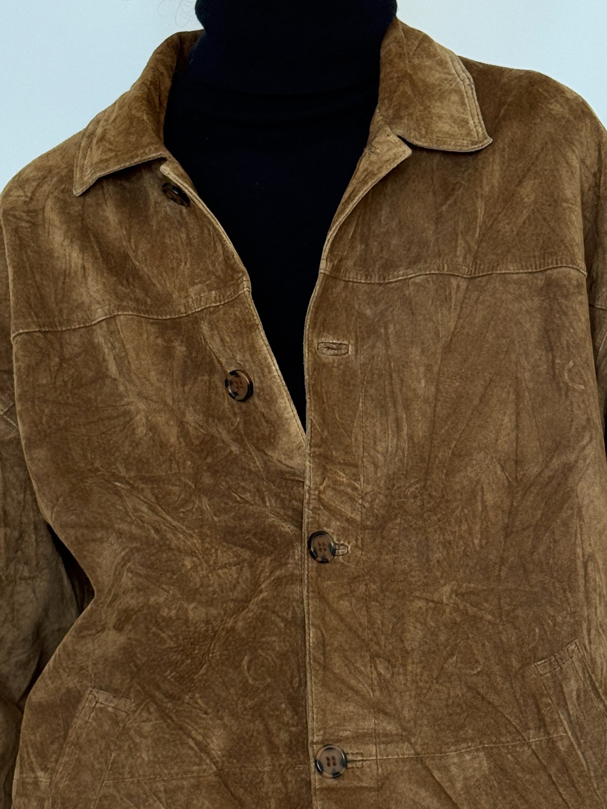 Vintage brown suede leather shirt jacket, front back and detail