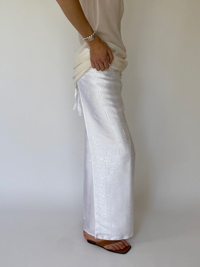 Vintage brocade Waist-Tie Wrap Pants white 4805