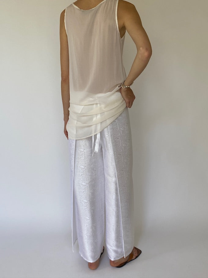 Vintage brocade Waist-Tie Wrap Pants white 4805
