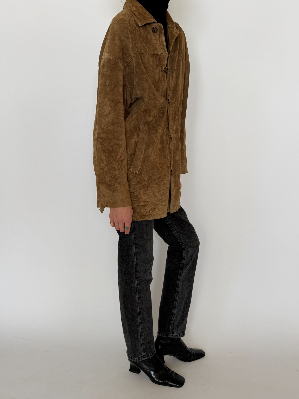 Vintage brown suede leather shirt jacket, front back and detail