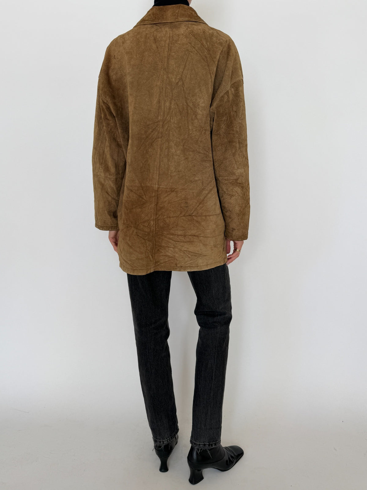 Vintage brown suede leather shirt jacket, front back and detail