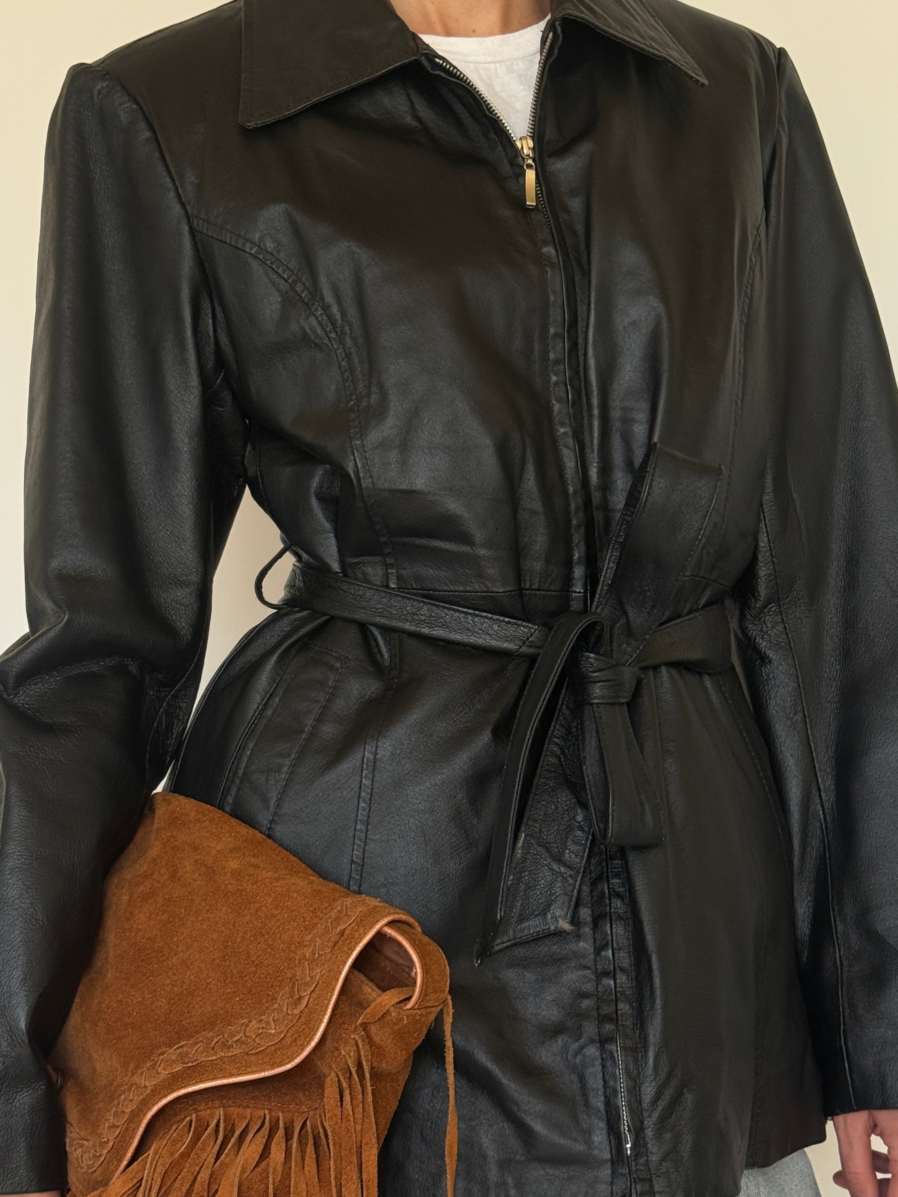 Vintage black belted leather jacket front view