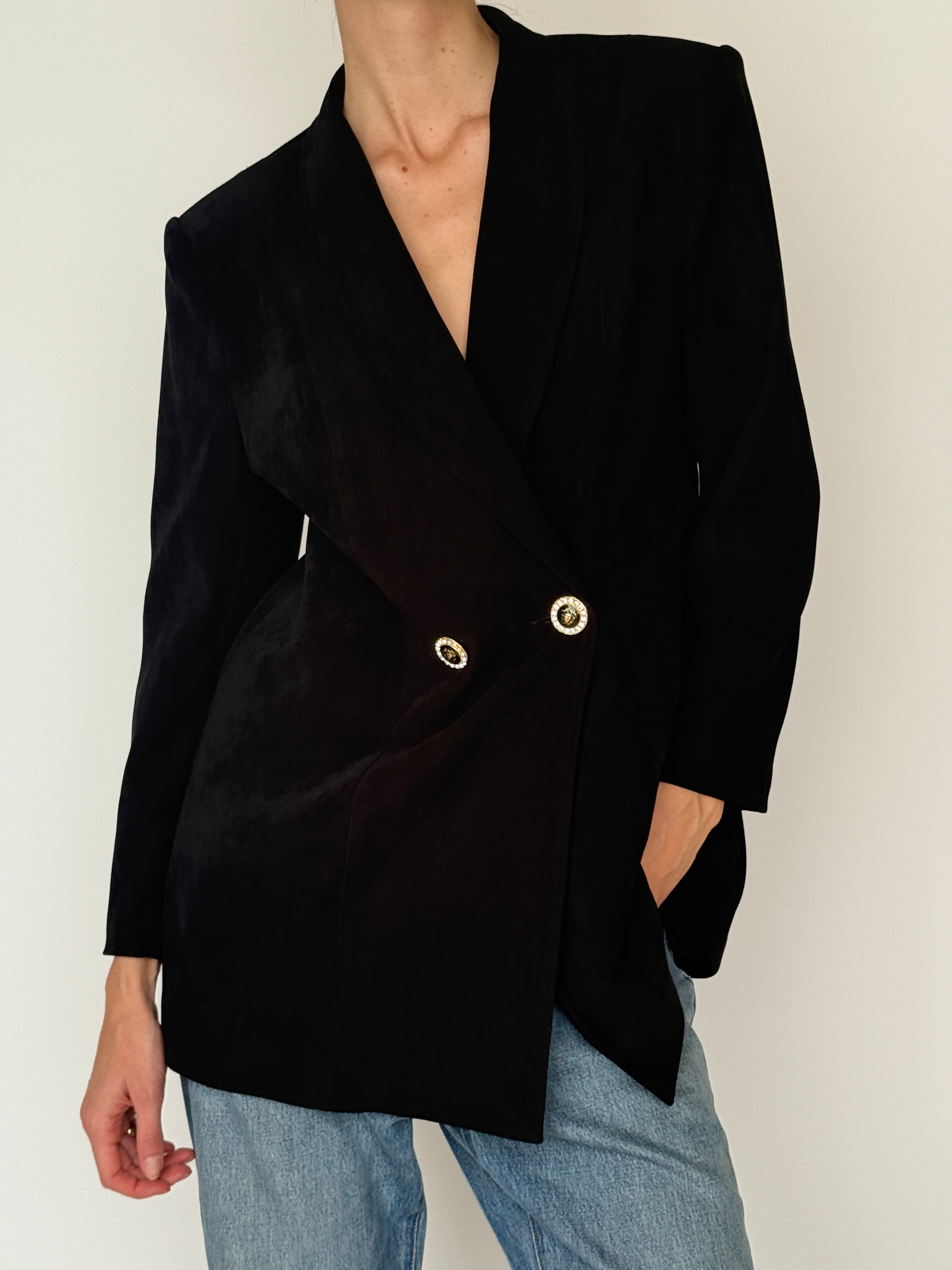 Vintage black double-breasted blazer with gold-tone buttons