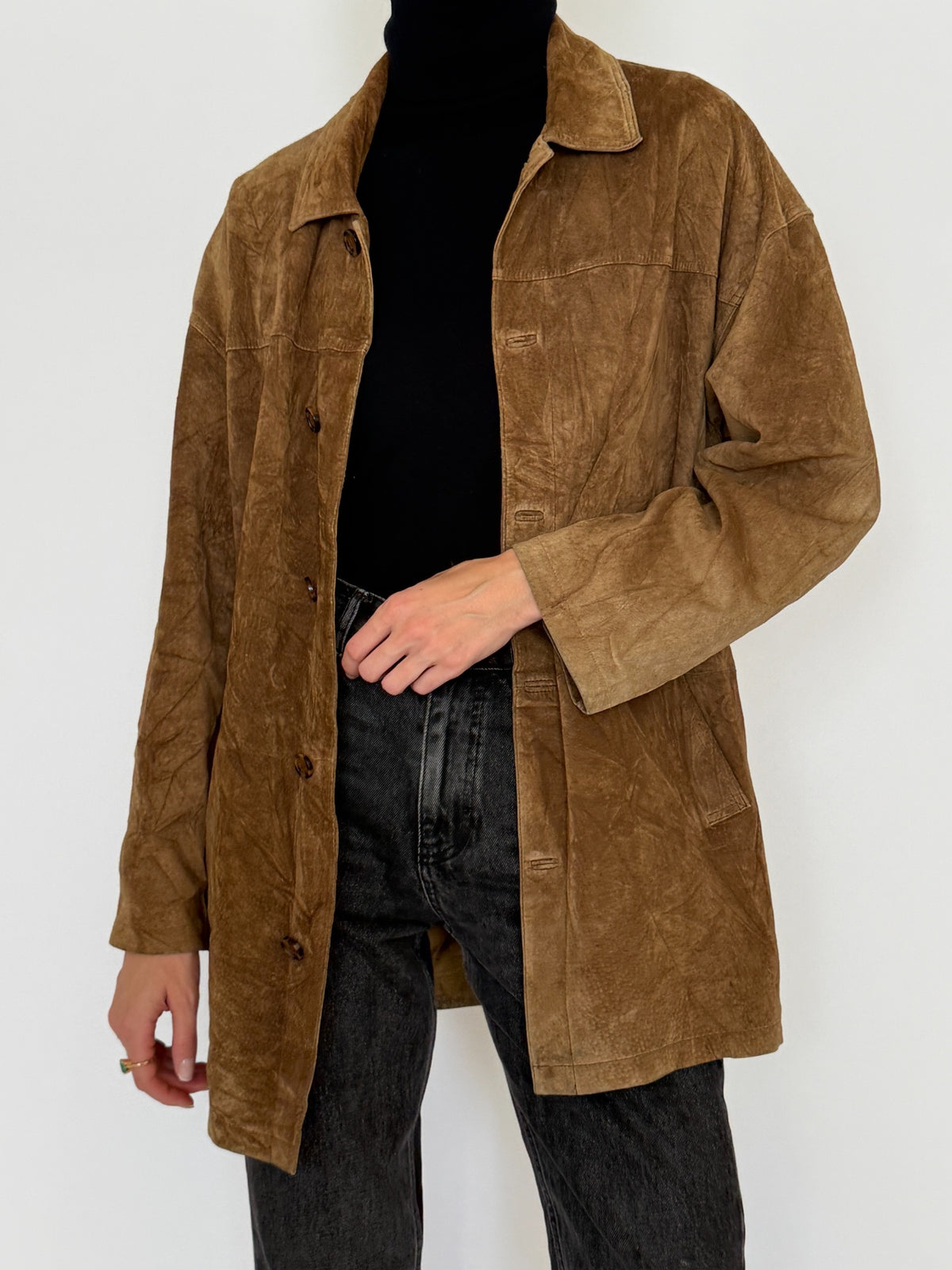 Vintage brown suede leather shirt jacket, front back and detail