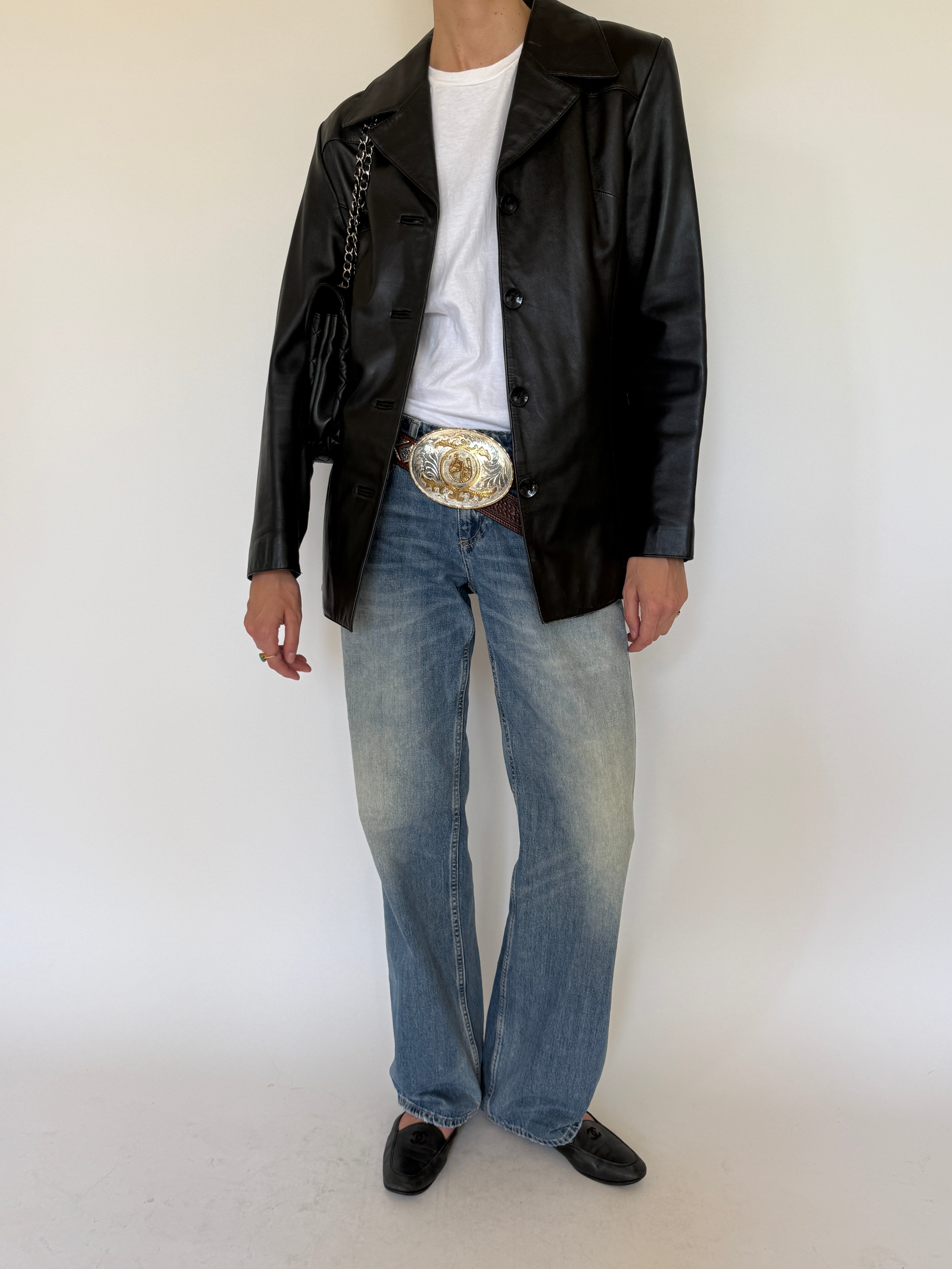 Vintage black leather blazer front view